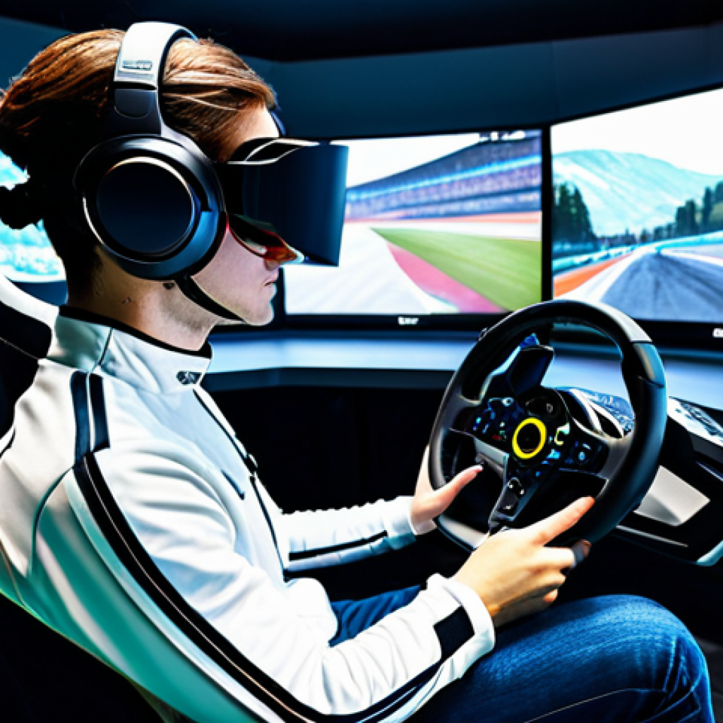 A focused professional e-sports racer, fully clothed in a sleek, modest racing suit, wearing a high-fidelity virtual reality headset. The racer is seated intensely in a state-of-the-art racing simulator cockpit, complete with a haptic feedback steering wheel and pedals. The simulator is illuminated by the glow of multiple curved screens displaying a hyperrealistic race track. The setting is a clean, modern e-sports training facility with subtle futuristic lighting, emphasizing cutting-edge technology. perfect anatomy, correct proportions, natural pose, well-formed hands, proper finger count, natural body proportions, safe for work, appropriate content, fully clothed, professional, high quality.