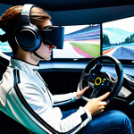 A focused professional e-sports racer, fully clothed in a sleek, modest racing suit, wearing a high-fidelity virtual reality headset. The racer is seated intensely in a state-of-the-art racing simulator cockpit, complete with a haptic feedback steering wheel and pedals. The simulator is illuminated by the glow of multiple curved screens displaying a hyperrealistic race track. The setting is a clean, modern e-sports training facility with subtle futuristic lighting, emphasizing cutting-edge technology. perfect anatomy, correct proportions, natural pose, well-formed hands, proper finger count, natural body proportions, safe for work, appropriate content, fully clothed, professional, high quality.