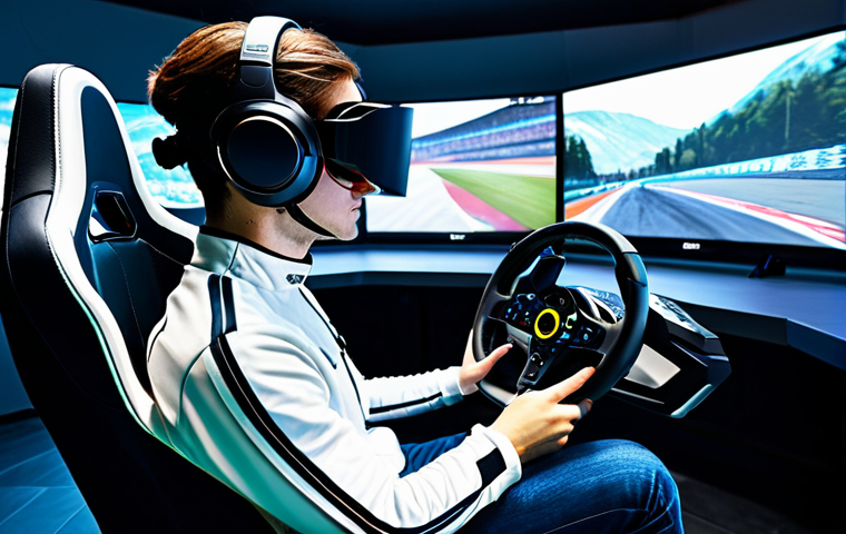 A focused professional e-sports racer, fully clothed in a sleek, modest racing suit, wearing a high-fidelity virtual reality headset. The racer is seated intensely in a state-of-the-art racing simulator cockpit, complete with a haptic feedback steering wheel and pedals. The simulator is illuminated by the glow of multiple curved screens displaying a hyperrealistic race track. The setting is a clean, modern e-sports training facility with subtle futuristic lighting, emphasizing cutting-edge technology. perfect anatomy, correct proportions, natural pose, well-formed hands, proper finger count, natural body proportions, safe for work, appropriate content, fully clothed, professional, high quality.