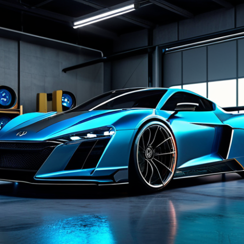 A sleek, custom-designed futuristic sports car, parked in a state-of-the-art virtual garage with holographic displays showcasing customization options. The car features intricate vinyl decals, a custom aerodynamic body kit, and unique wheel design, all rendered with a reflective paint finish. Professional photography, ultra detailed, cinematic lighting, sharp focus, vibrant colors, 8K, hyperrealistic, safe for work, appropriate content, professional, family-friendly.