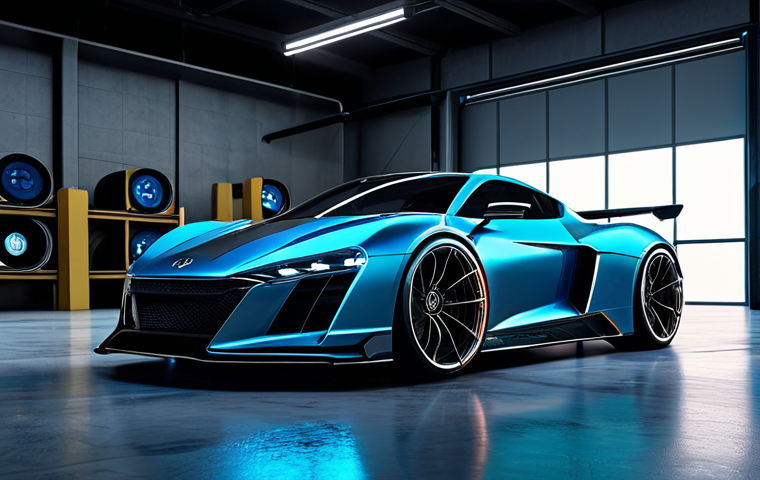 A sleek, custom-designed futuristic sports car, parked in a state-of-the-art virtual garage with holographic displays showcasing customization options. The car features intricate vinyl decals, a custom aerodynamic body kit, and unique wheel design, all rendered with a reflective paint finish. Professional photography, ultra detailed, cinematic lighting, sharp focus, vibrant colors, 8K, hyperrealistic, safe for work, appropriate content, professional, family-friendly.