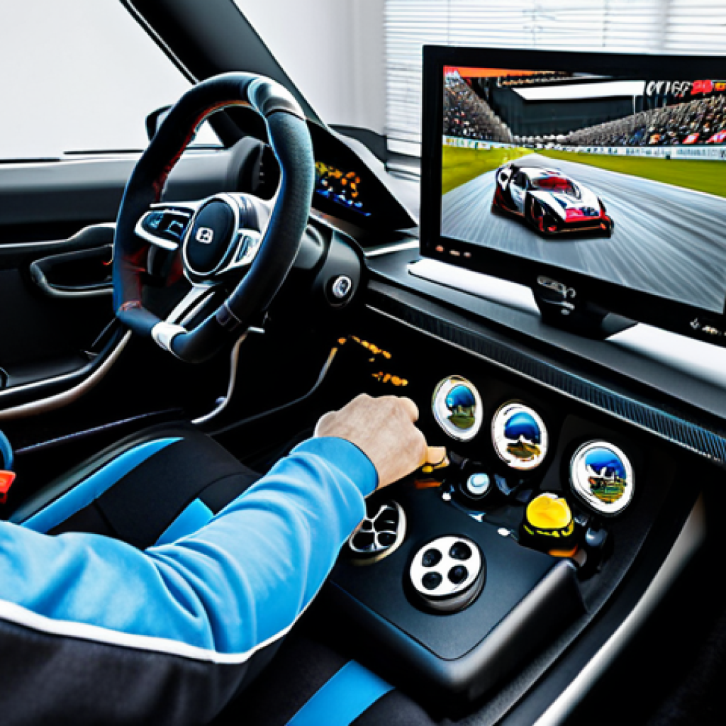 Home Racing Setup** "A person fully clothed in casual attire, comfortably seated in a racing simulator cockpit in a modern living room. The setup includes a force feedback steering wheel, pedals, and a single, large monitor displaying a racing game. The room is well-lit and tidy. Safe for work, appropriate content, fully clothed, professional photography, perfect anatomy, natural proportions, family-friendly setting, high quality." **