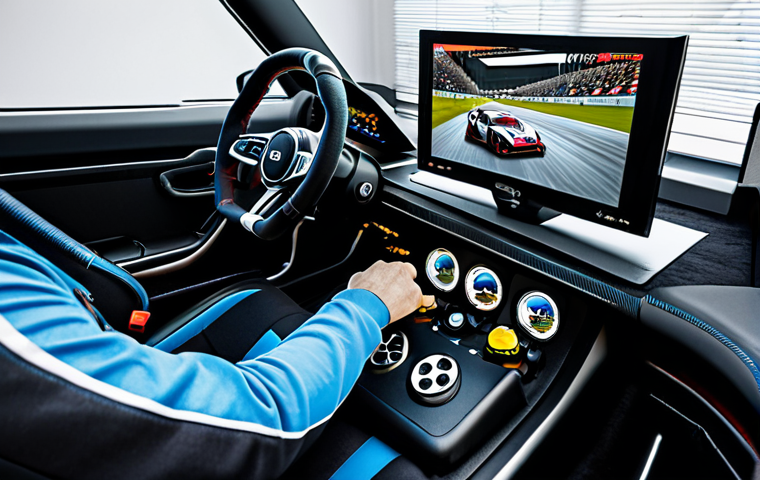 Home Racing Setup** "A person fully clothed in casual attire, comfortably seated in a racing simulator cockpit in a modern living room. The setup includes a force feedback steering wheel, pedals, and a single, large monitor displaying a racing game. The room is well-lit and tidy. Safe for work, appropriate content, fully clothed, professional photography, perfect anatomy, natural proportions, family-friendly setting, high quality." **
