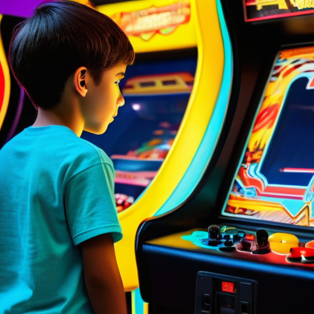레트로 레이싱게임 - A 10-year-old boy, wearing a comfortable t-shirt and shorts, intensely focused on playing a retro ar...