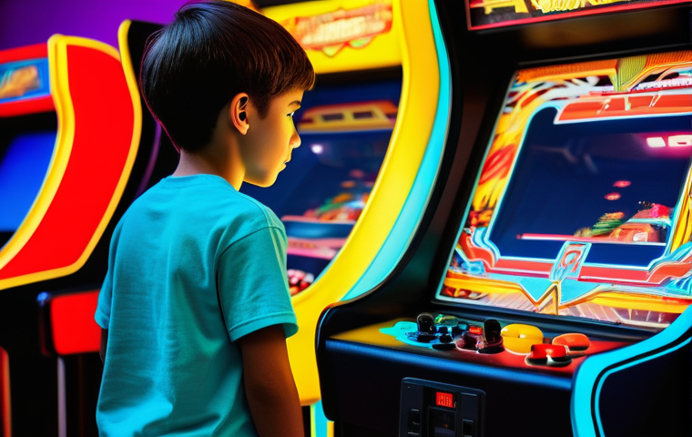 레트로 레이싱게임 - A 10-year-old boy, wearing a comfortable t-shirt and shorts, intensely focused on playing a retro ar...