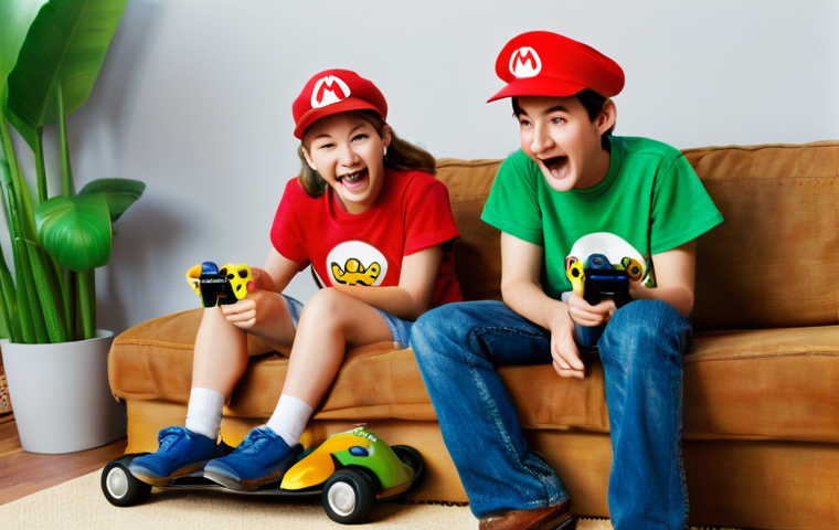 레트로 레이싱게임 - A 10-year-old boy, wearing a comfortable t-shirt and shorts, intensely focused on playing a retro ar...