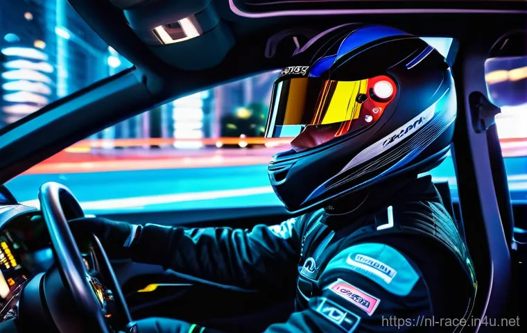 레이싱게임 사운드트랙 - **Prompt:** A highly immersive, close-up shot of a professional race car driver, male or female, in ...