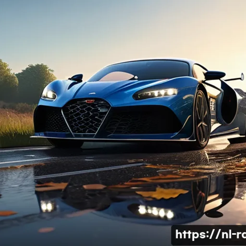 레이싱게임 그래픽 진화 - A hyperrealistic racing scene at sunset on a wet European countryside road, showcasing advanced ray ...