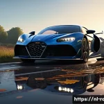 레이싱게임 그래픽 진화 - A hyperrealistic racing scene at sunset on a wet European countryside road, showcasing advanced ray ...