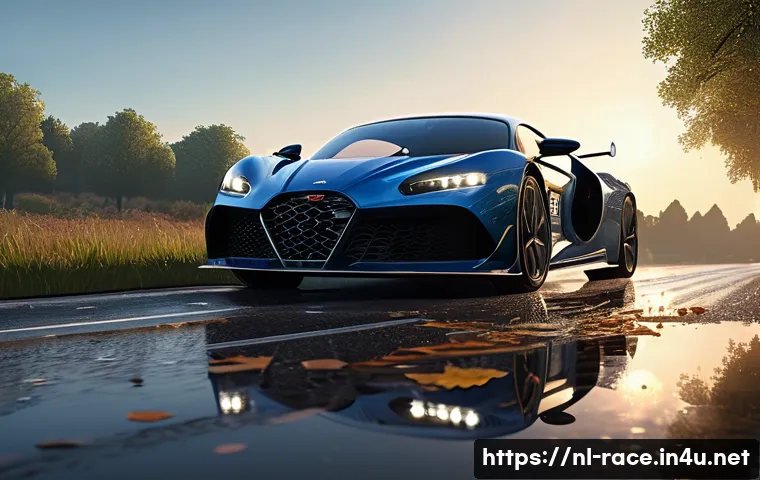레이싱게임 그래픽 진화 - A hyperrealistic racing scene at sunset on a wet European countryside road, showcasing advanced ray ...