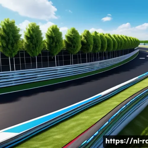 최고의 트랙디자인 - A dynamic race track scene featuring a smooth flowing S-shaped corner with wide runoff areas, tire b...