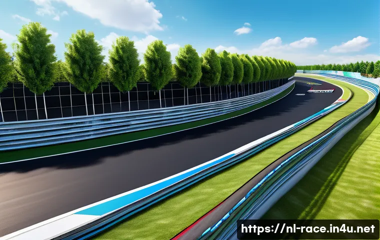 최고의 트랙디자인 - A dynamic race track scene featuring a smooth flowing S-shaped corner with wide runoff areas, tire b...