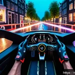 VR 레이싱게임 추천 - A hyper-realistic virtual reality racing scene set on the wet, neon-lit streets of Amsterdam at nigh...