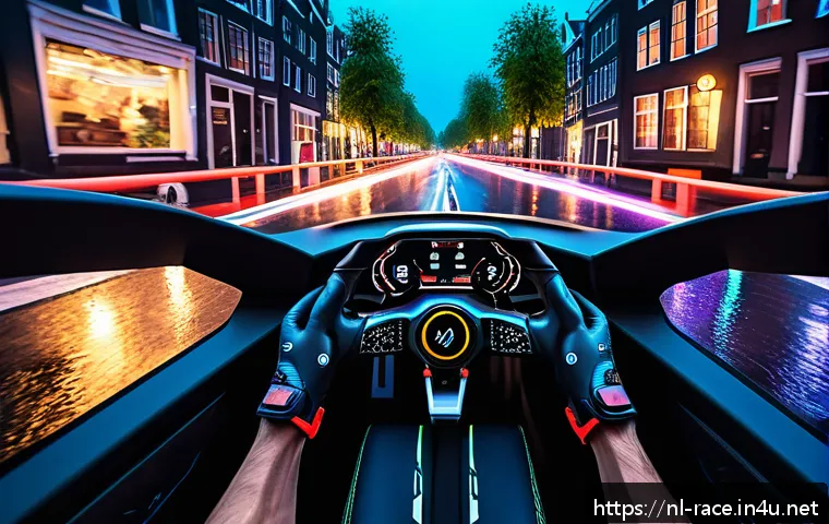 VR 레이싱게임 추천 - A hyper-realistic virtual reality racing scene set on the wet, neon-lit streets of Amsterdam at nigh...