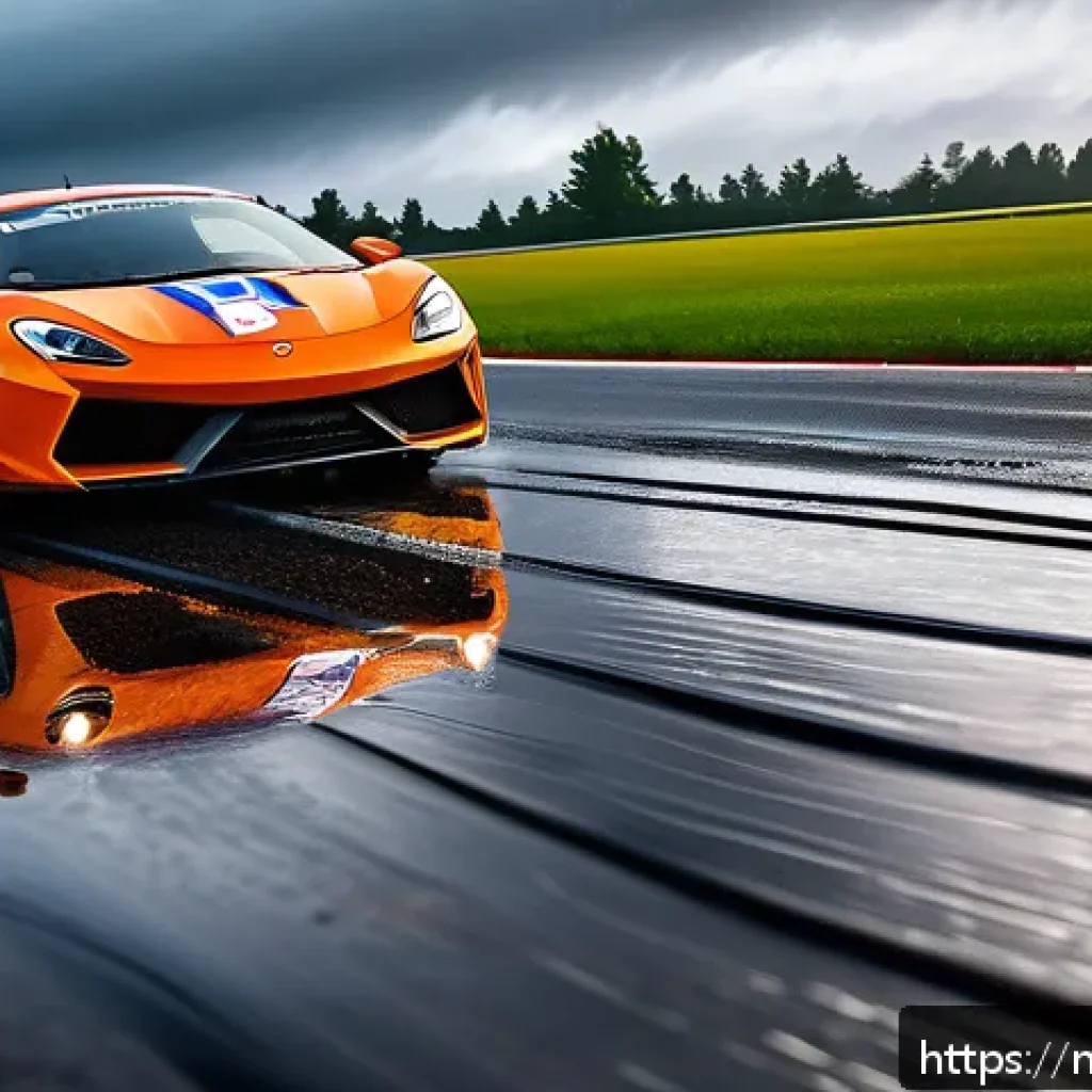 레이싱게임 속도와 물리학 - A detailed, dynamic racing scene showcasing two cars on a wet asphalt track with visible tire spray ...