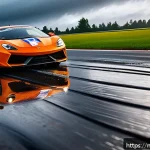 레이싱게임 속도와 물리학 - A detailed, dynamic racing scene showcasing two cars on a wet asphalt track with visible tire spray ...