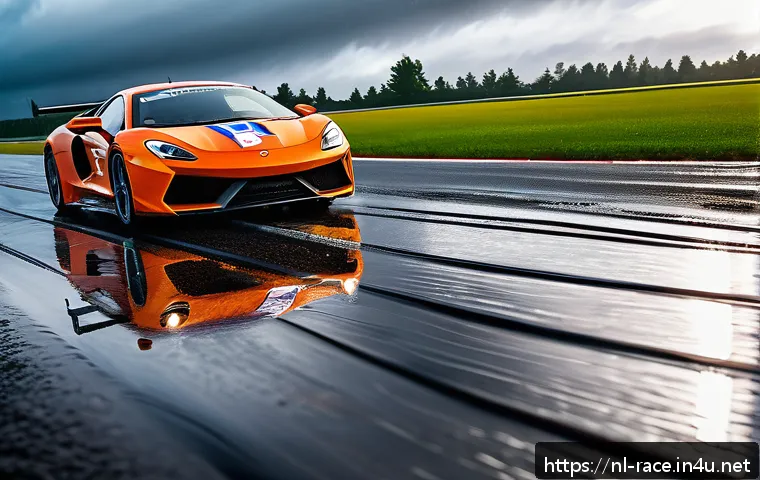 레이싱게임 속도와 물리학 - A detailed, dynamic racing scene showcasing two cars on a wet asphalt track with visible tire spray ...
