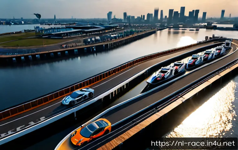 Home 17 이색적인 레이싱 코스 소개 - Photorealistic aerial view of an unusual floating race circuit built across a calm Dutch harbor, sle...